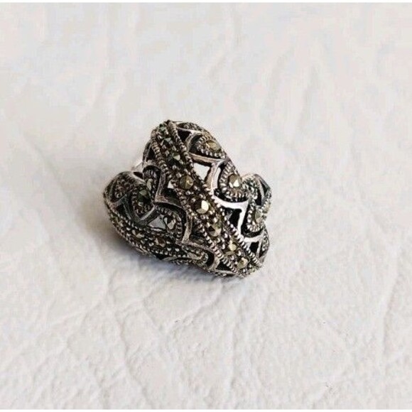 Vintage CW Marcasite Sterling Silver Hoop Earrings .50" 3.77g - Picture 3 of 7